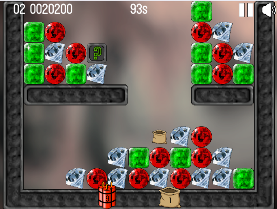 Rubble Muddle adventure level with diamonds, rubies, emeralds, dynamite, and collection bags