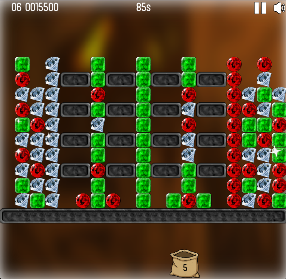 Rubble Muddle arcade board with columns of emeralds, rubies, and diamonds