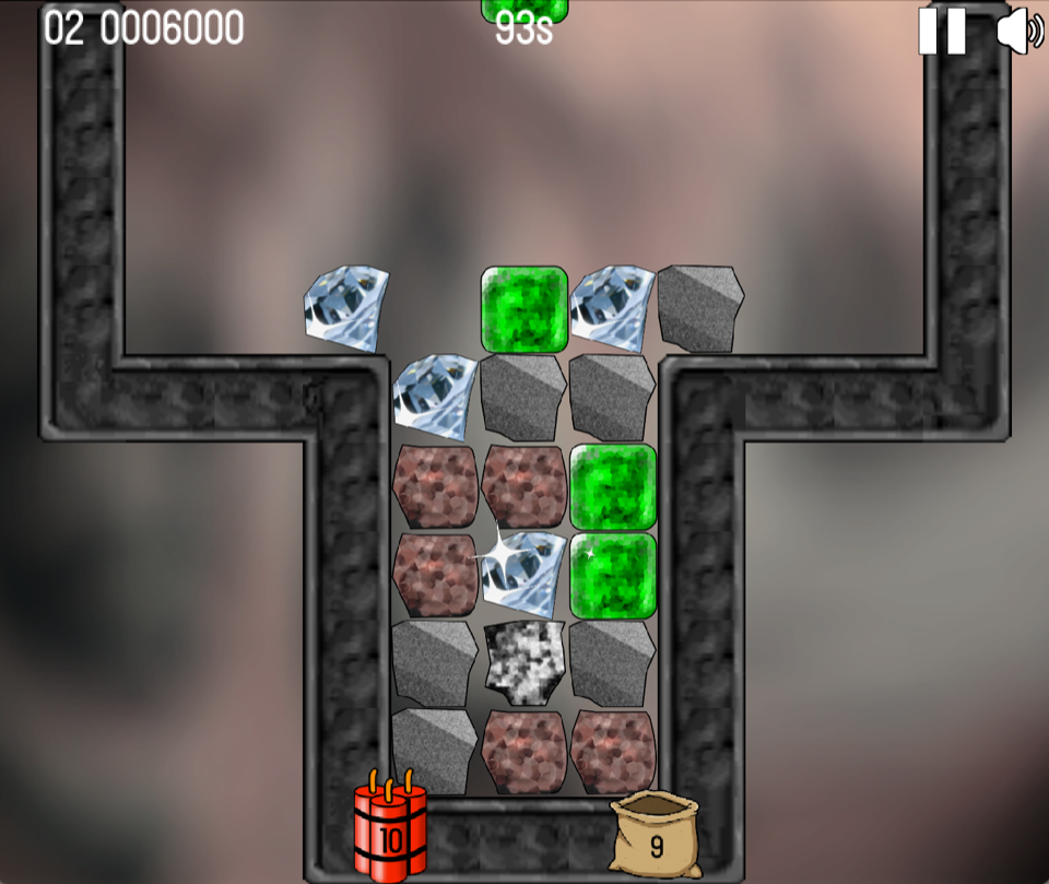 Rubble Muddle level showing rocks, gems, dynamite, and a narrow mine shaft